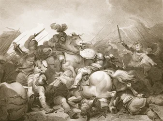 Slaget vid Bosworth Field, graverat av J. Thomson, illustration från David Humes "The History of England", utgiven av R. Bowyer, London, 1812.